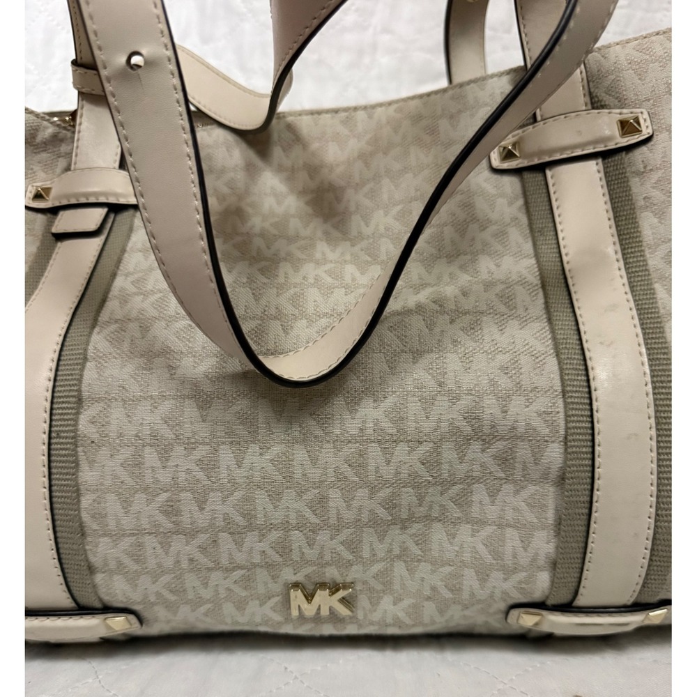 Michael Kors Signature Logo Monogram Large Tote Bag Cream Beige Gold Studs